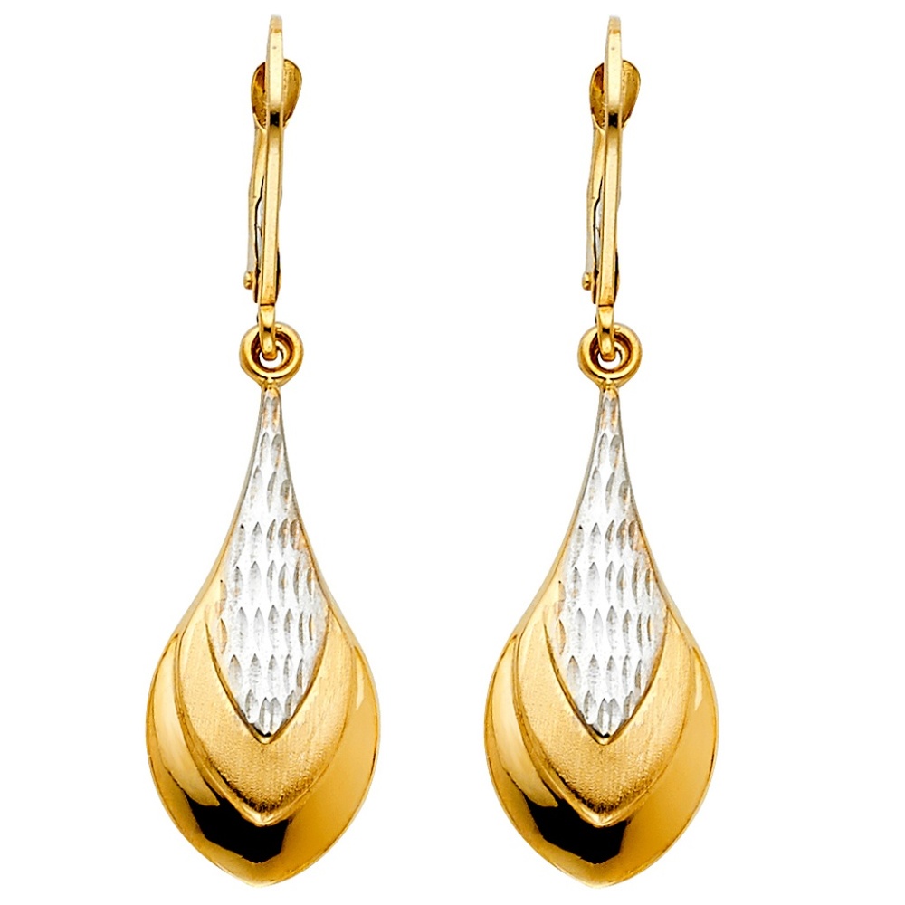 14K Two Tone Gold Teardrop Hanging Earrings